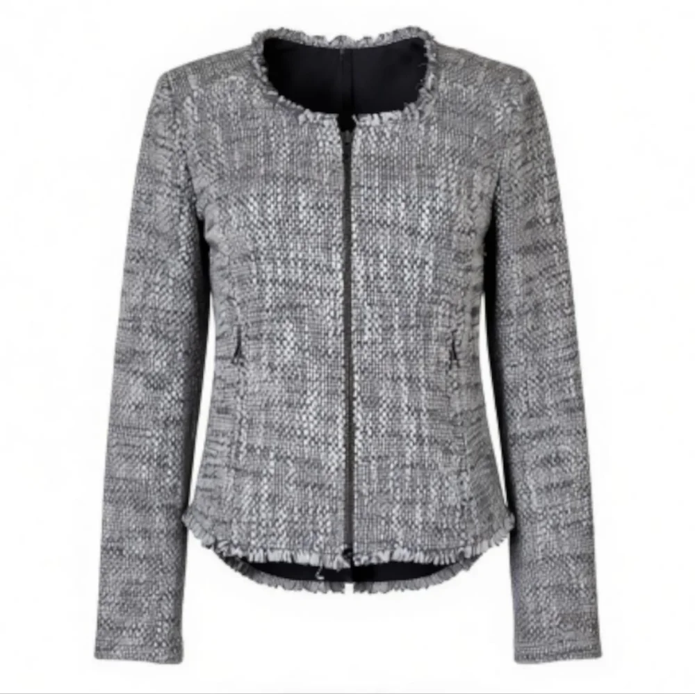 Joie Blazer Size S Gray White Tweed Zip Front Sleeve Fringe Trim Zipper Cuffs